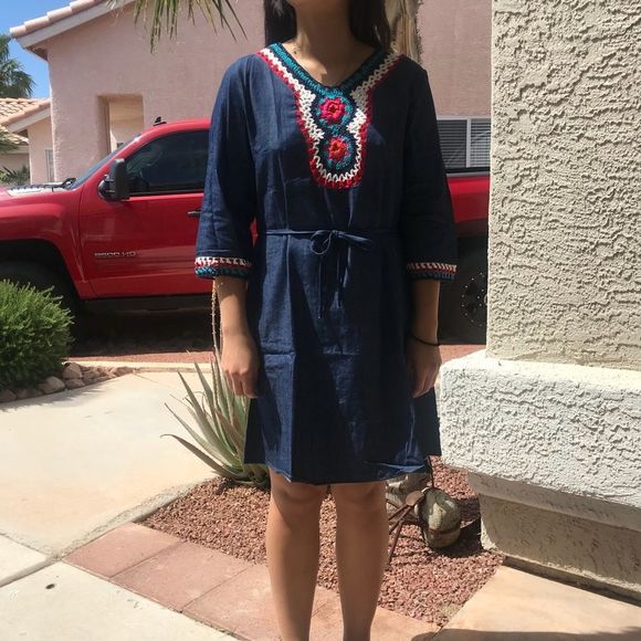 Denim Crocheted Belted Dress - Picture 5 of 6